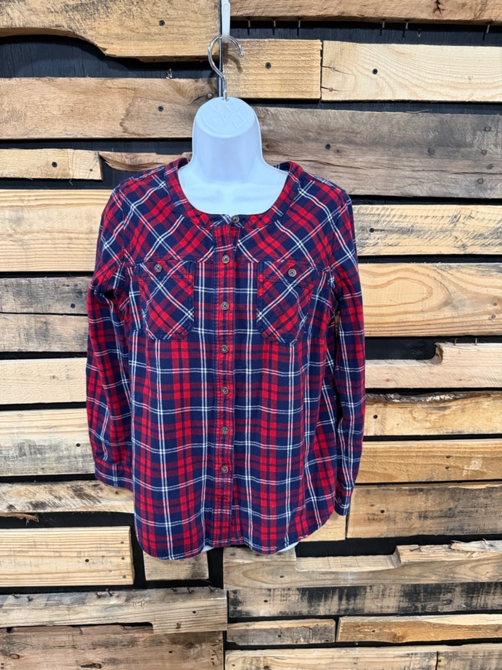 Duluth Trading Co‎ shirt women's small plaid red blue Henley button round neck